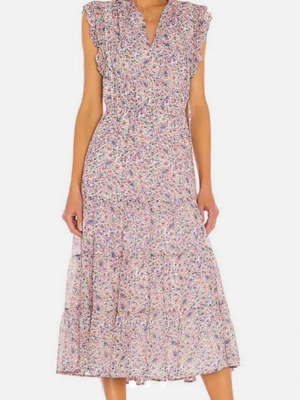 BB Dakota Pink Floral Midi Dress with Ruffle Cap Sleeves